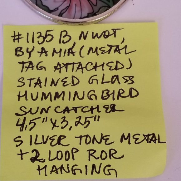 #1135B NWOT Amia Stained Glass Hummingbird Suncatcher in silverstone metal - Picture 6 of 6